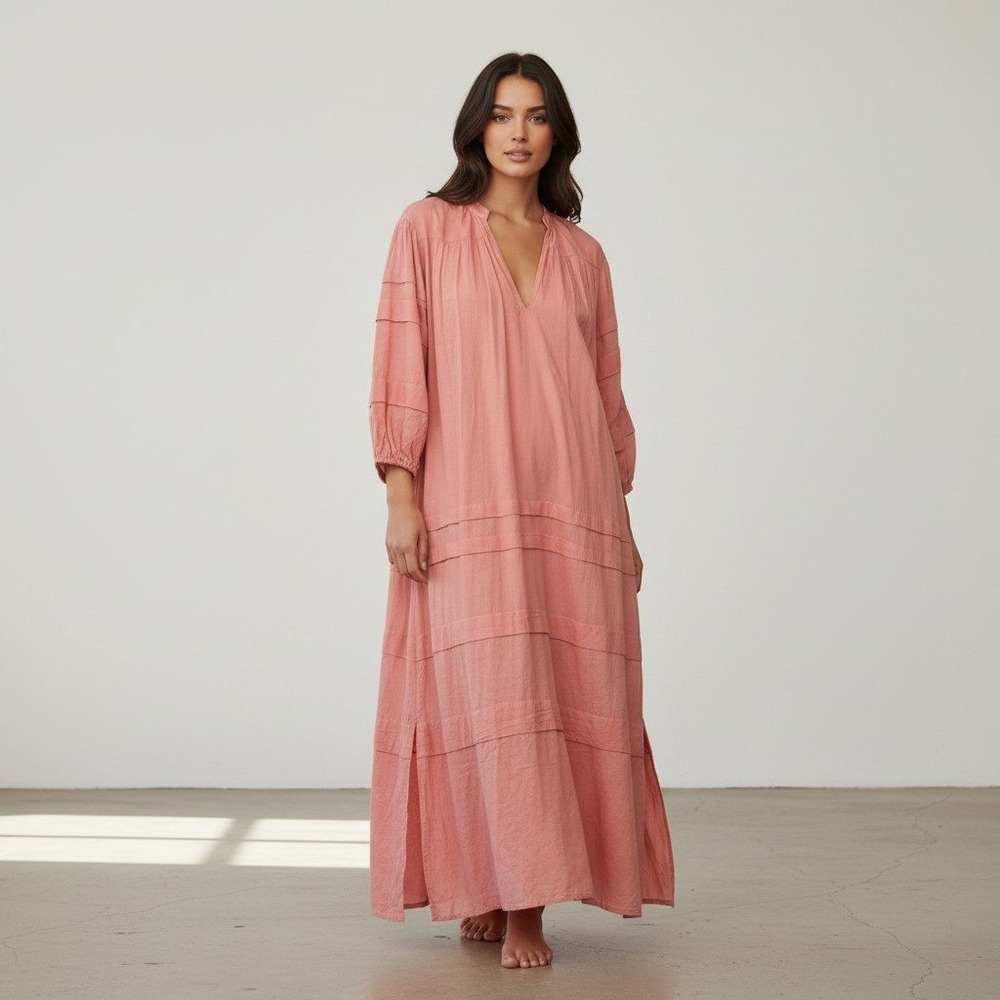 Apiece Apart Mari Pintuck Dress Pink Clay Organic Cotton Maxi V-Neck Size XS